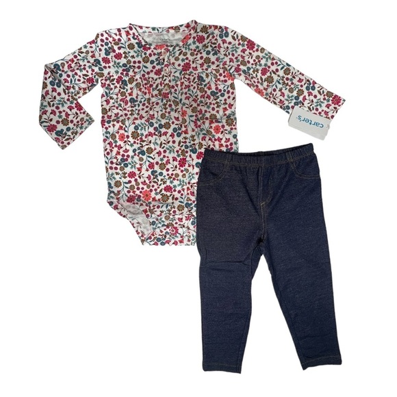 Carters Baby Girls Size 18 Months 2pc Floral Outfit Set Pants Bodysuit long - Picture 2 of 12